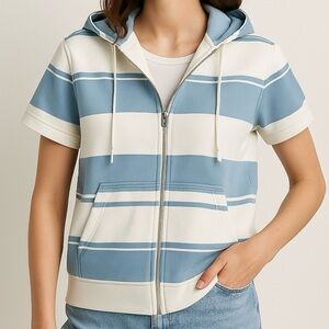 LIZ CLAIBORNE Villager Short Sleeve Hoodie Classic Stripe Coastal Blue White L